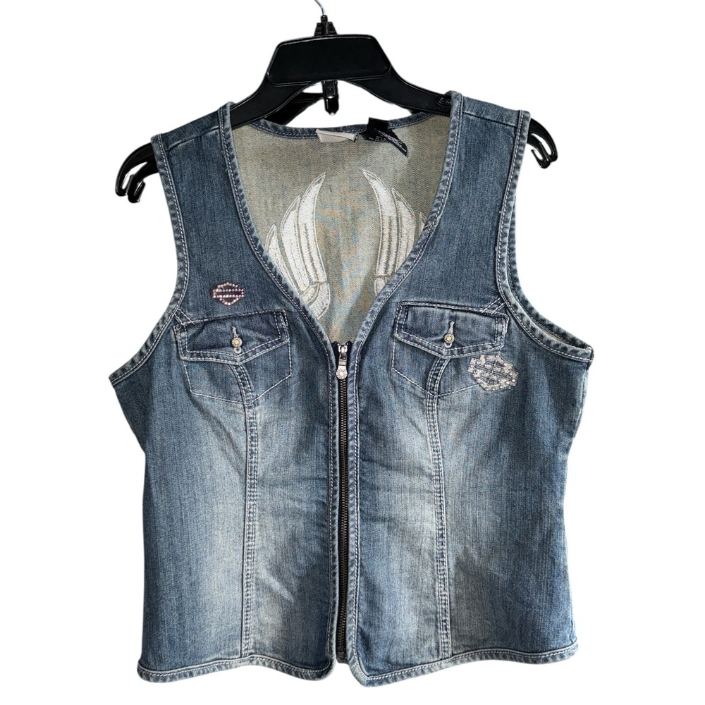 HARLEY DAVIDSON WOMENS DENIM JEAN ANGEL WING RHINESTONE VEST JACKET LARGE